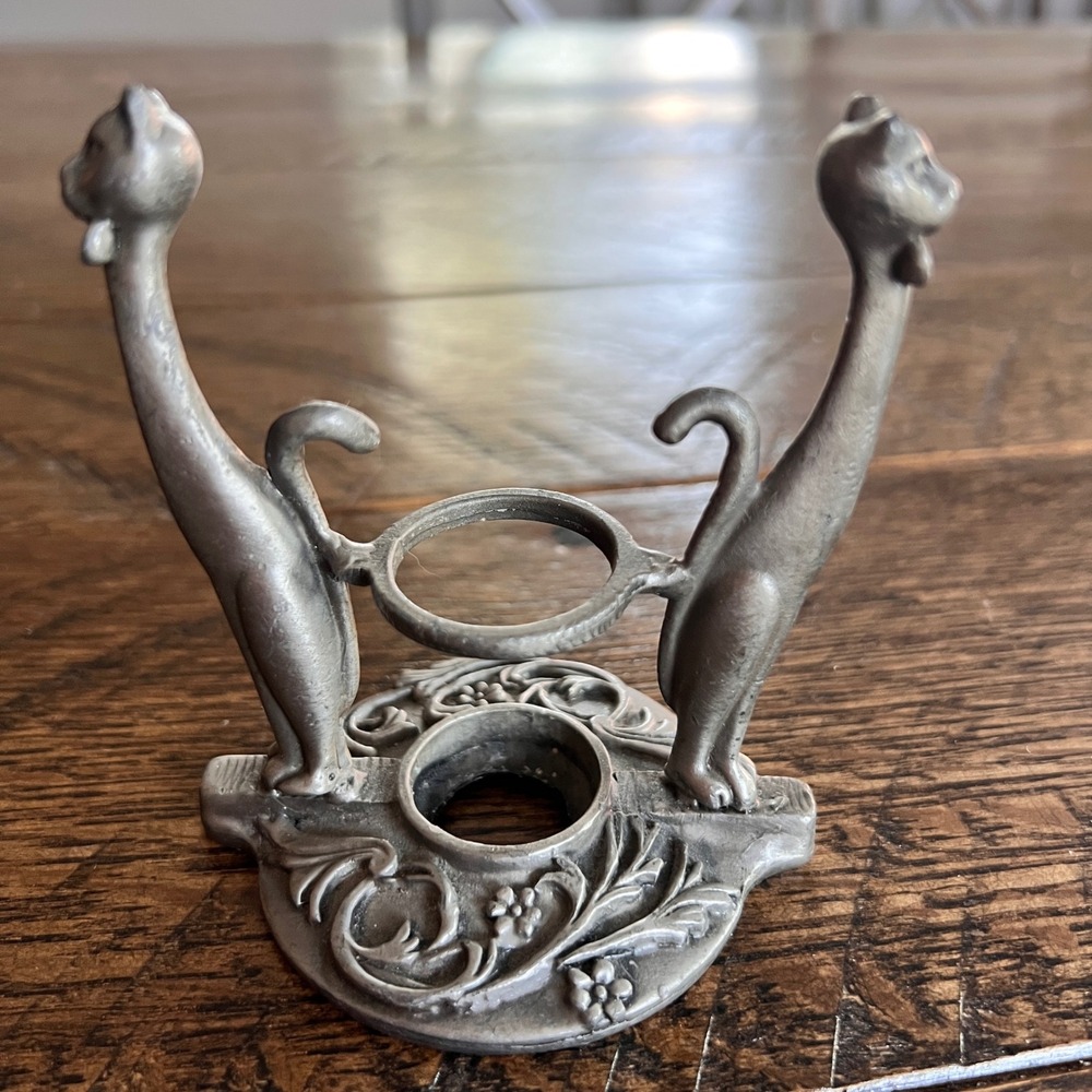 Vintage Hamilton Cast Goods Pewter Metal Long Neck Cat Taper Candle Holder - Picture 2 of 8